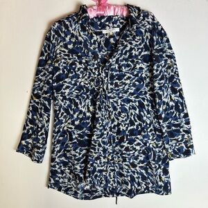 Gorgeous blue print silk shirt with lace up neck